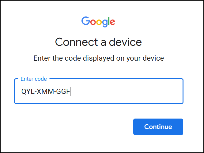 Device code verification screen for Google - shows a sample device code of QYL=XMM-GGF