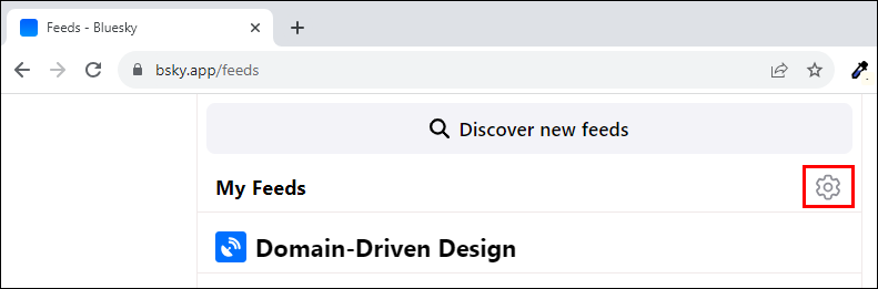 BlueSky My Feeds page, with the Settings button highlighted