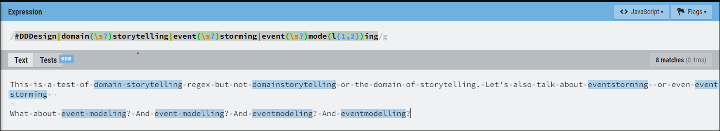 Using Regexr to test our regex pattern for our BlueSky DDD feed