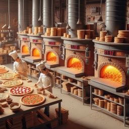 A wall of pizza ovens with chefs cooking pizzas. A commercial kitchen with all sorts of ingredients and pizzas abound. Generated by Microsoft Designer Image Creator on May 10, 2024 at 5:02 PM.