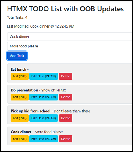 HTMX TODO List with Out-of-Band Updates - this builds upon the last image. This now includes the total number of tasks as well as the last modified task and when it was modified.