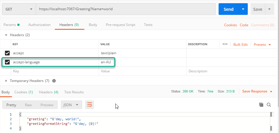 Postman screenshot showing accept language header usage