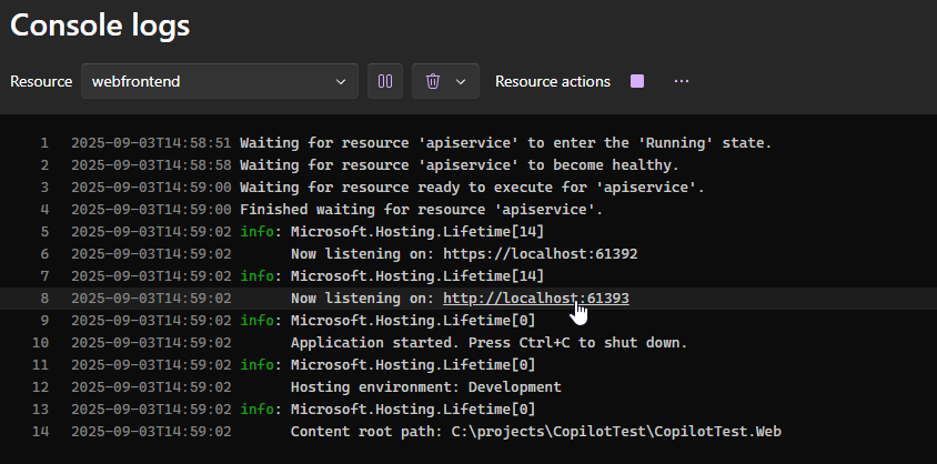 A view of the console logs from the Aspire dashboard application showing that you can click on URLs