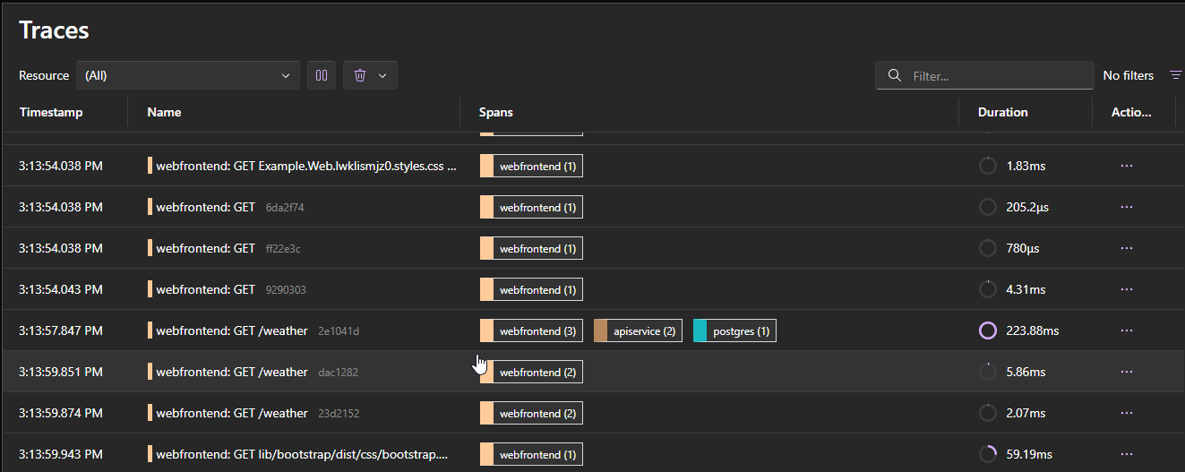 A view of the Traces from the Aspire dashboard application