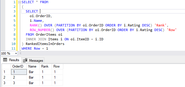 Screenshot: Using partitioning to get all the highest-rated Items for all Orders at once