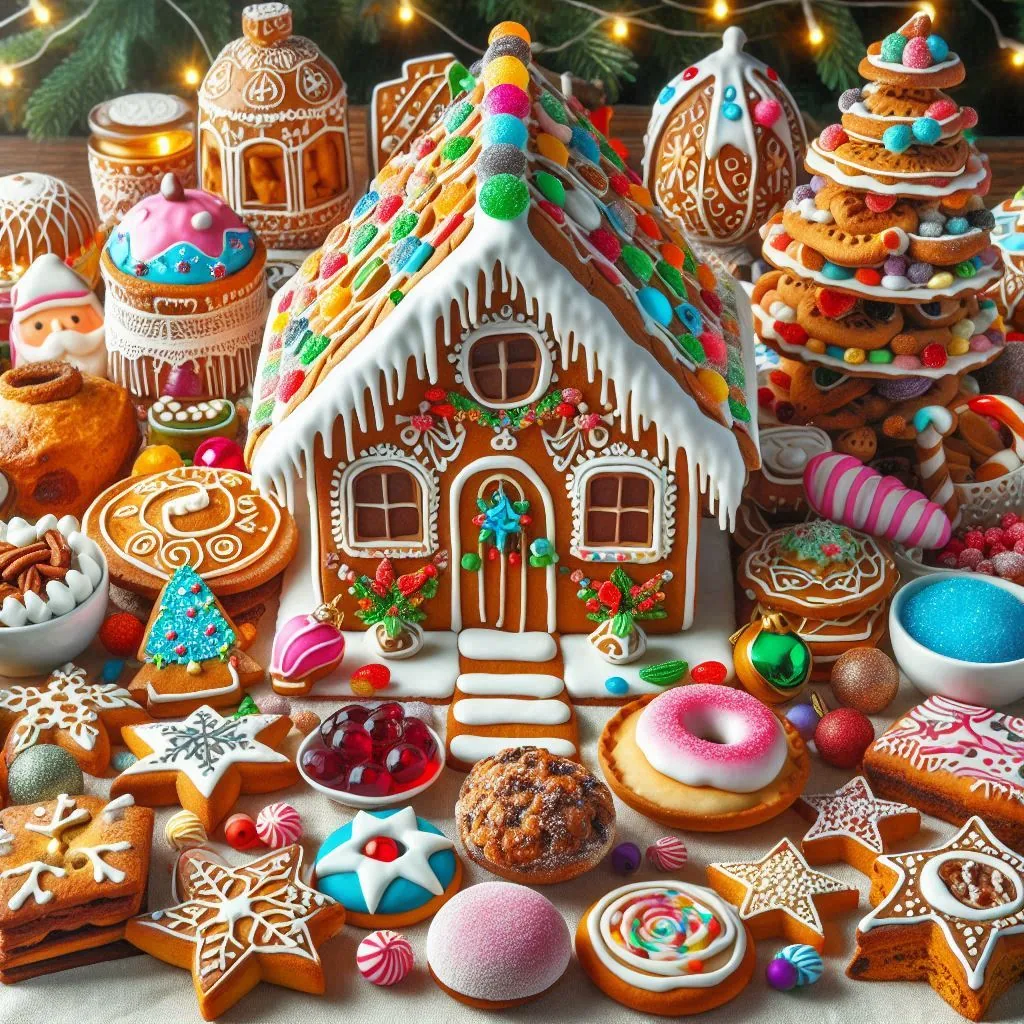 Holiday cookies display - including gingerbread buildings, donuts, and jam sandwich cookies