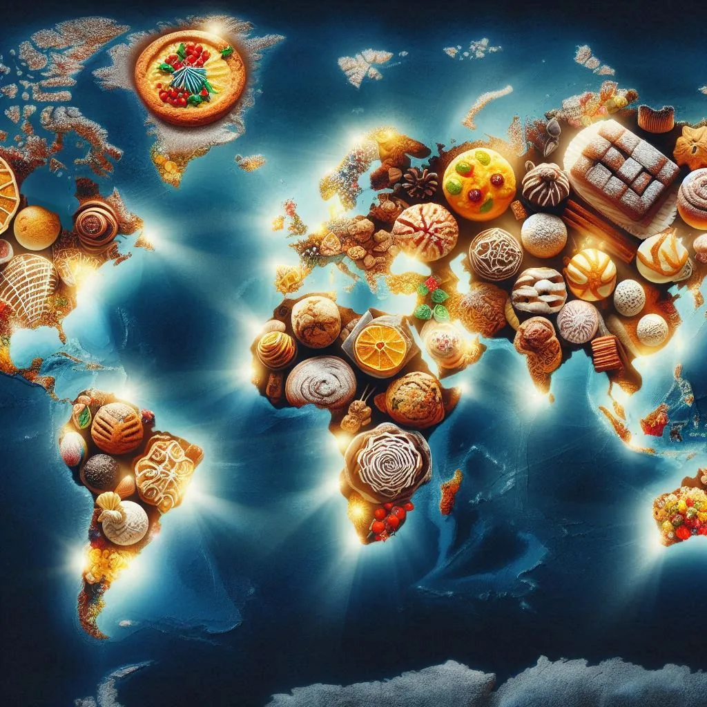 World map with various pastries and fruits on display