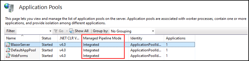 Screenshot of IIS Application Pools. The Managed Pipeline Mode column is highlighted, and the values for the application pools&rsquo; pipeline modes are all set to Integrated.