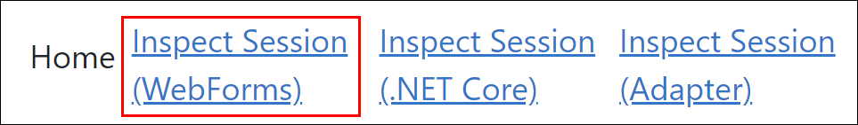 Screenshot of the top navigation with the &ldquo;Inspect Session (WebForms)&rdquo; link highlighted.
