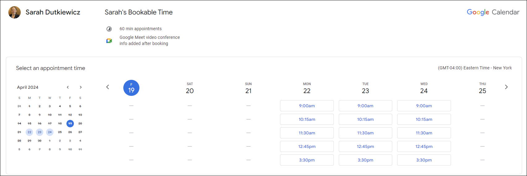 Sarah&rsquo;s Bookable Time - showing availability