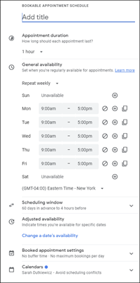 Create the appointment - Part 1 includes name, duration, general availability, scheduling window, adjusted availability, booked appointment settings, and calendars.