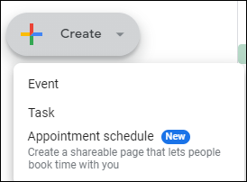 Personal Gmail account&rsquo;s Create button - Appointment schedule appears with a New badge