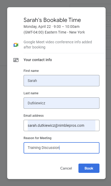 Sarah&rsquo;s Bookable Time form with First name, Last name, Email, and Reason for Meeting